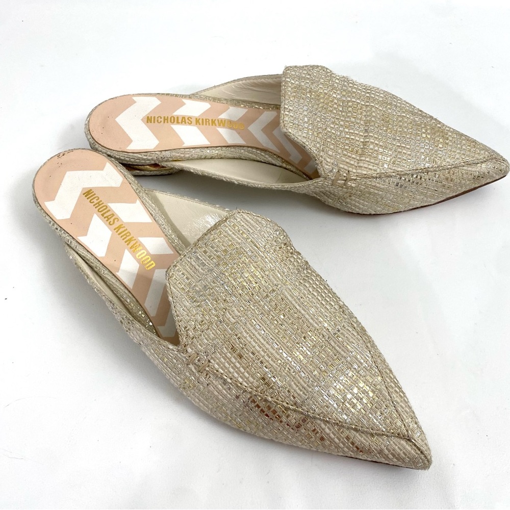 Nicholas Kirkwood Raffia Beya Flat Mules Loafers Slip On 7.5 / 37.5 Pointed Toe